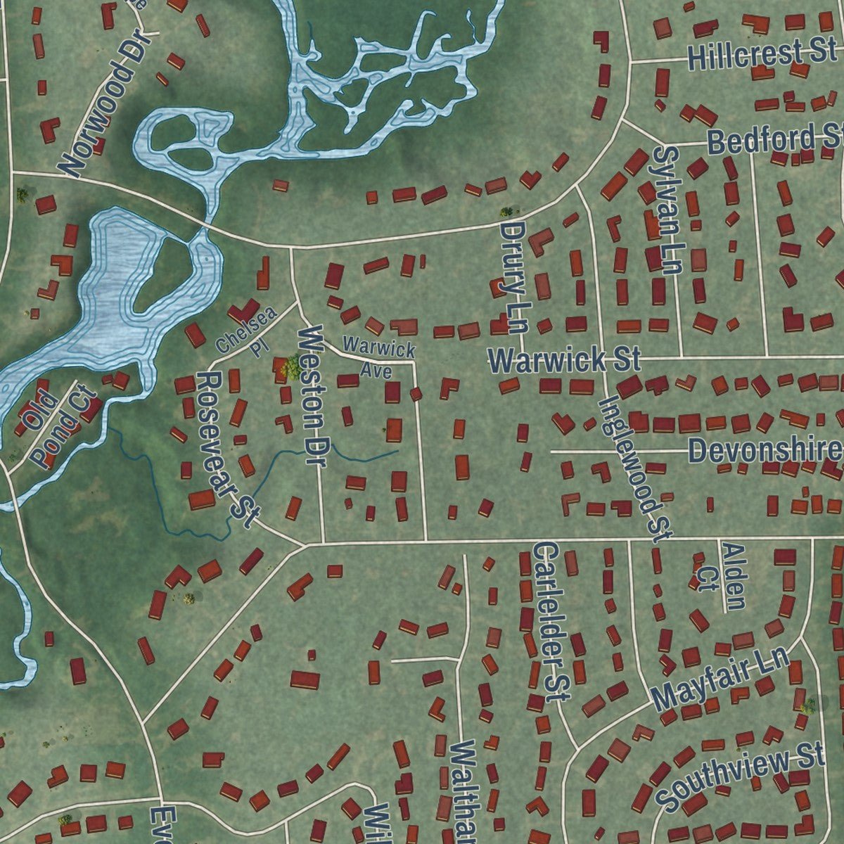 Close-up of the map of Beverly Hills, Michigan print showing street and building detail