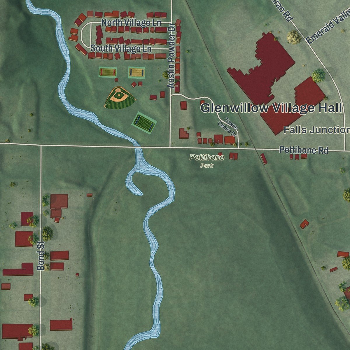 Close-up of the map of Glenwillow, Ohio print showing street and building detail