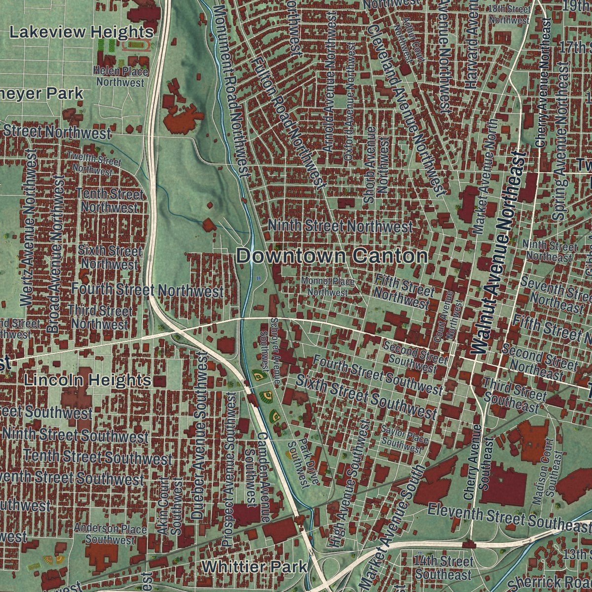 Close-up of the map of Canton, Ohio print showing street and building detail