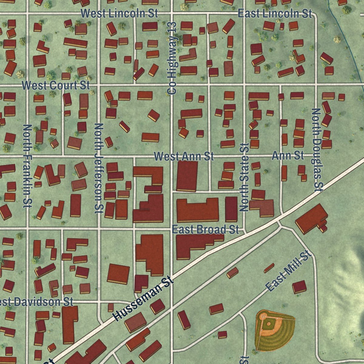 Close-up of the map of Roanoke, Illinois print showing street and building detail