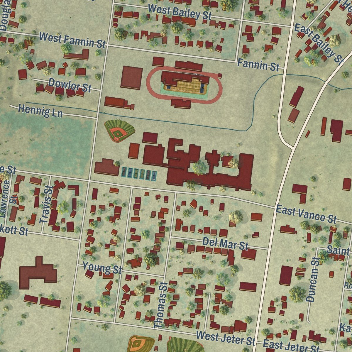Close-up of the map of Refugio, Texas print showing street and building detail