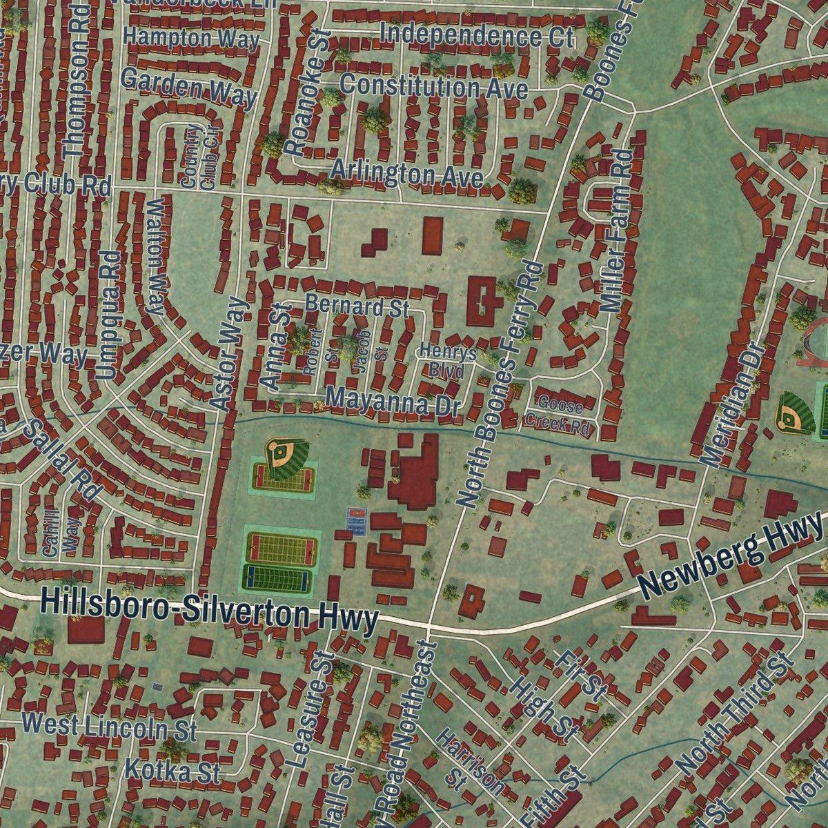Close-up of the map of Woodburn, Oregon print showing street and building detail