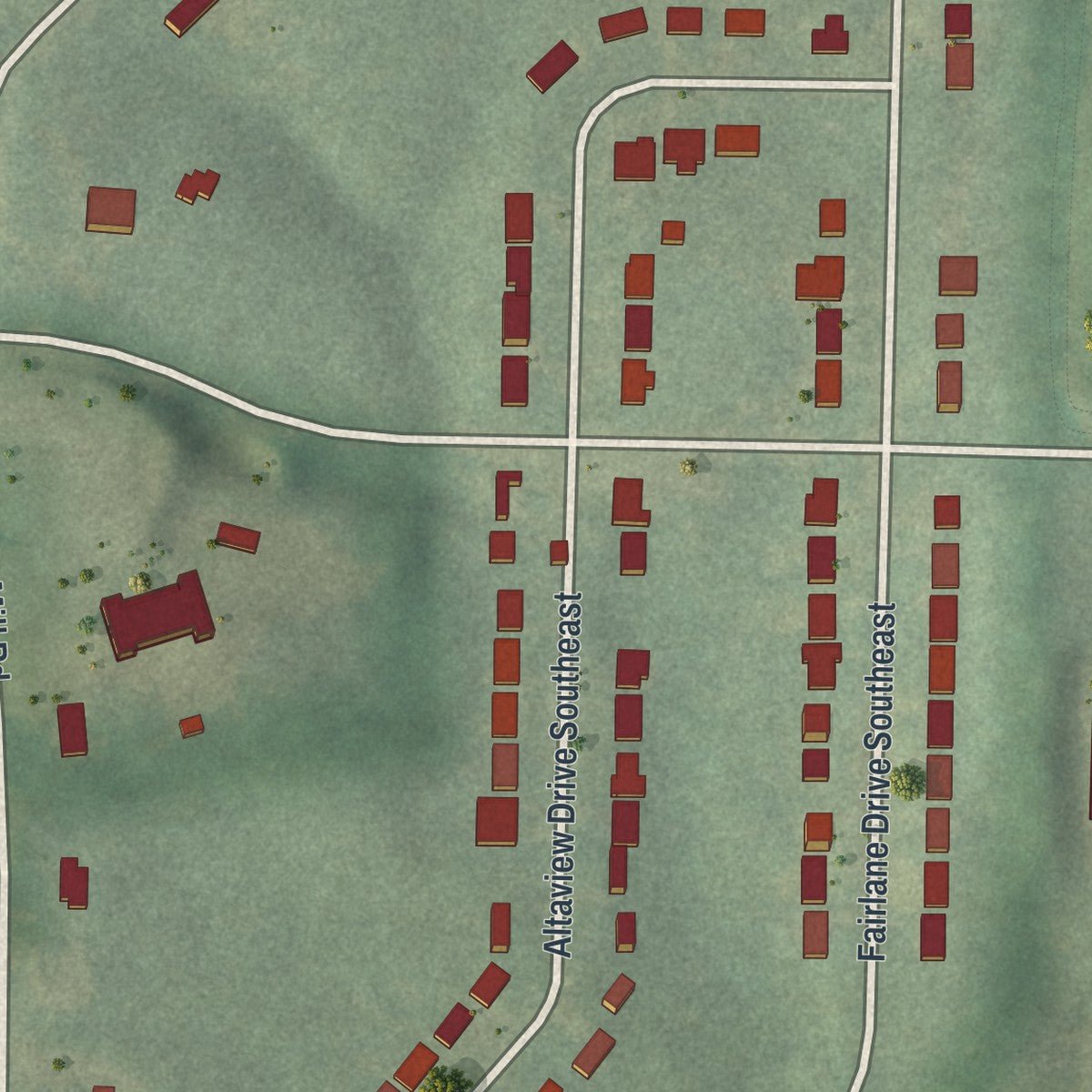 Close-up of the map of Rosedale Heights, Georgia print showing street and building detail