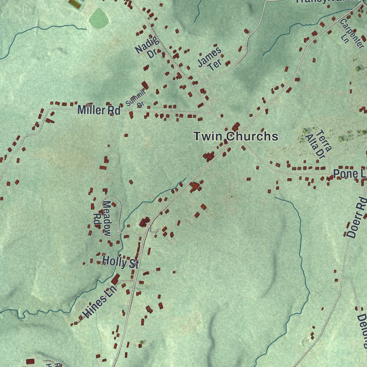 Close-up of the map of Sandycreek, Pennsylvania print showing street and building detail