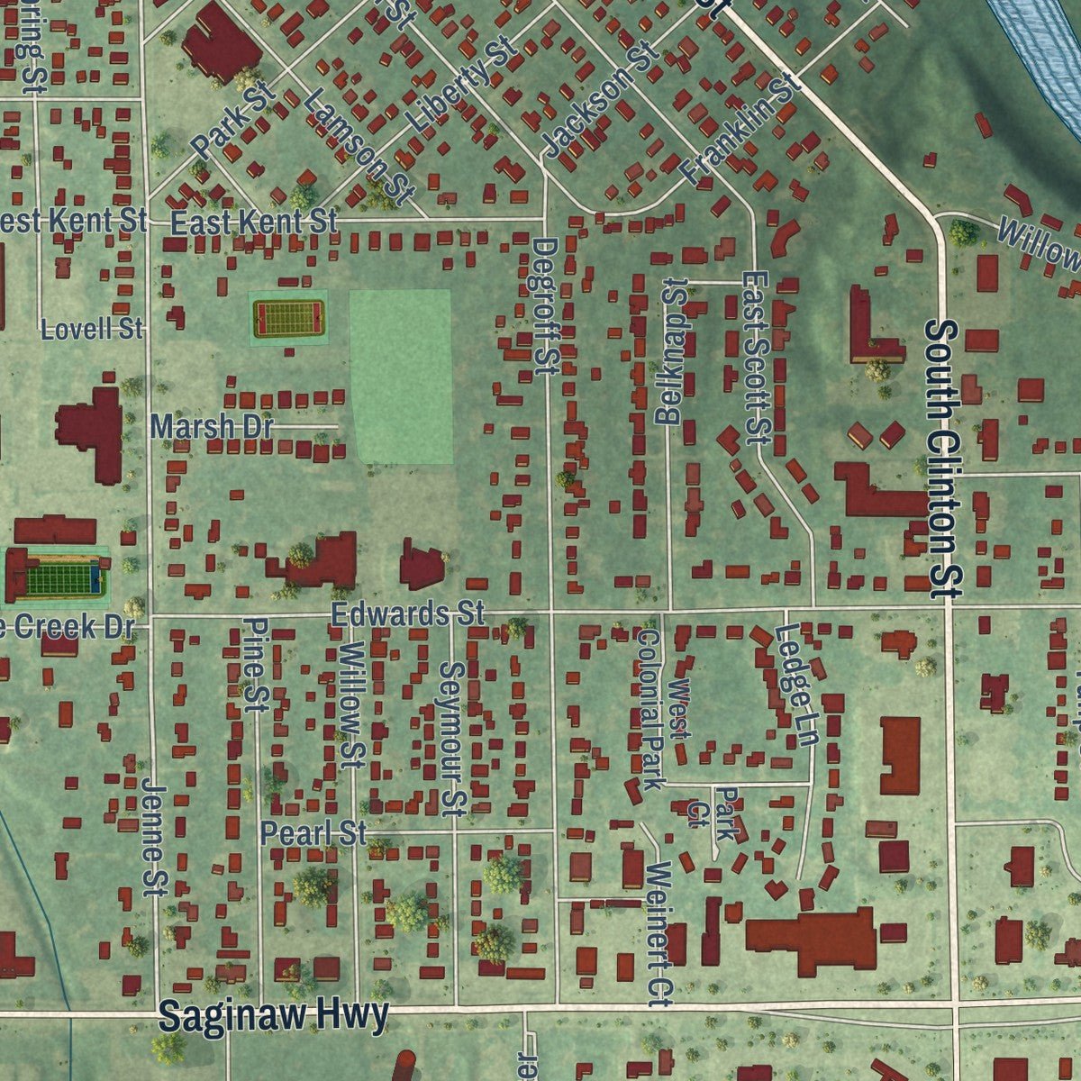 Close-up of the map of Grand Ledge, Michigan print showing street and building detail