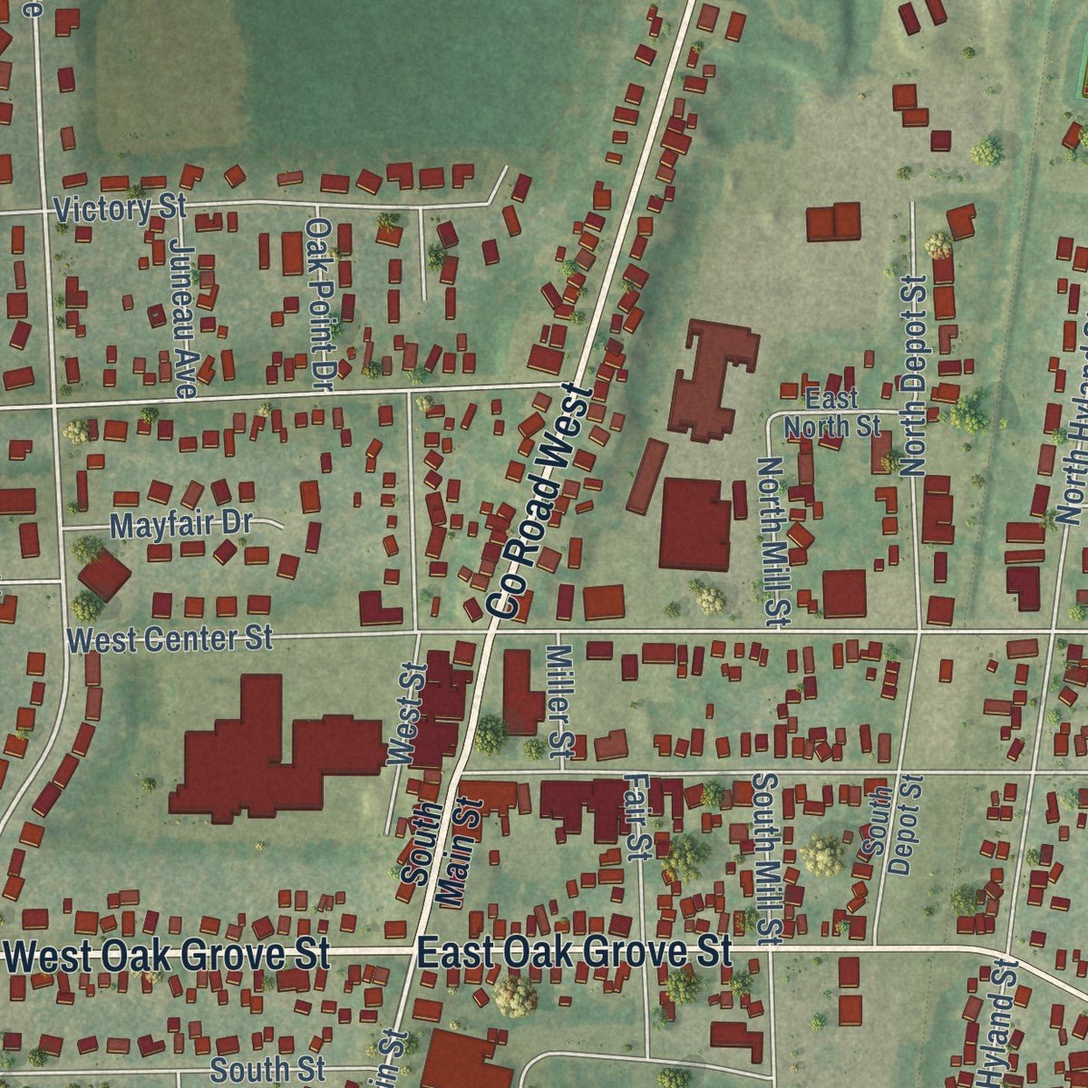 Close-up of the map of Juneau, Wisconsin print showing street and building detail