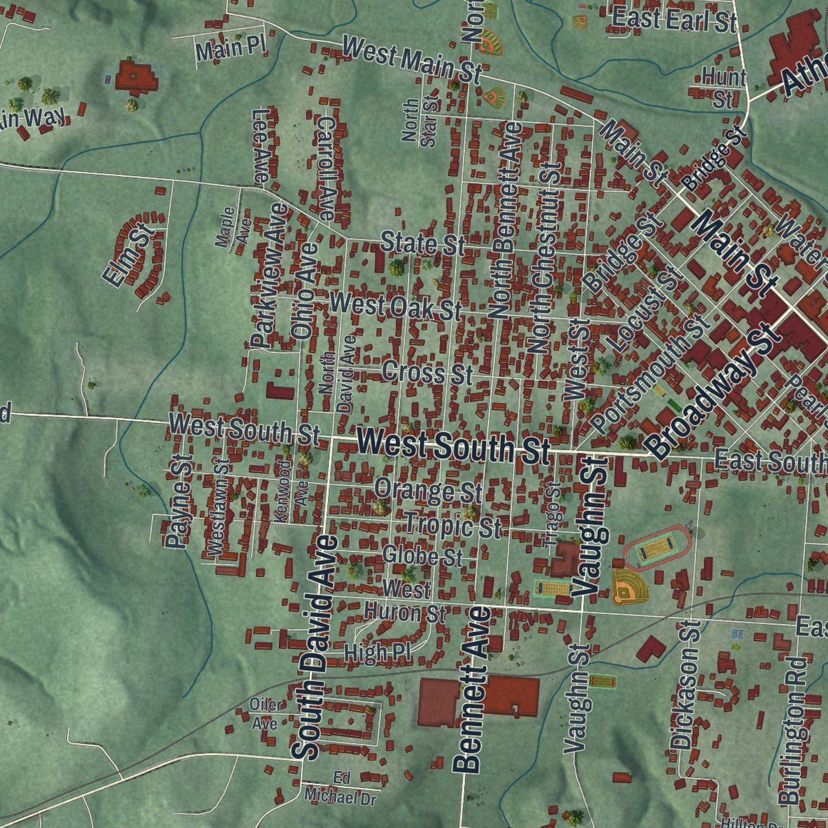 Close-up of the map of Jackson, Ohio print showing street and building detail