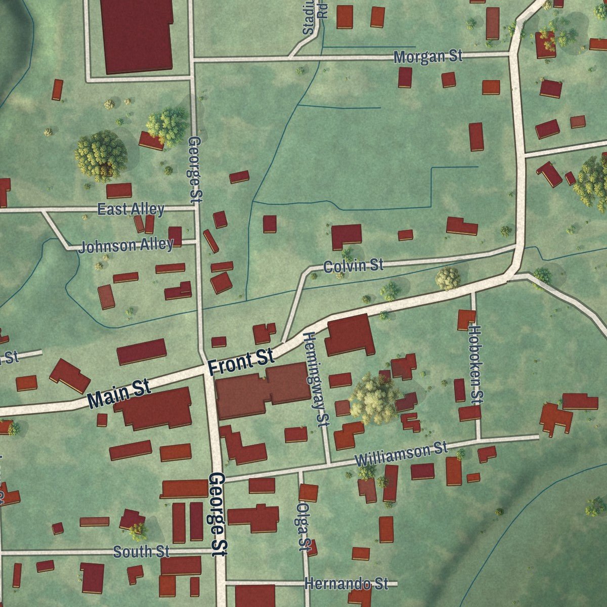 Close-up of the map of North Carrollton, Mississippi print showing street and building detail