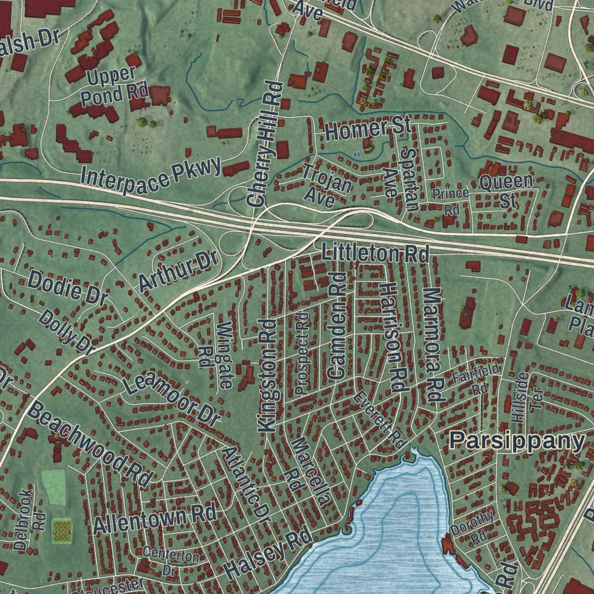 Close-up of the map of Parsippany-Troy Hills, New Jersey print showing street and building detail