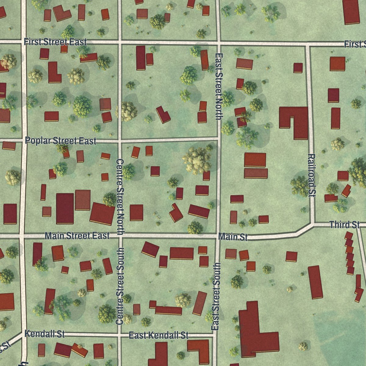 Close-up of the map of Vernon Center, Minnesota print showing street and building detail