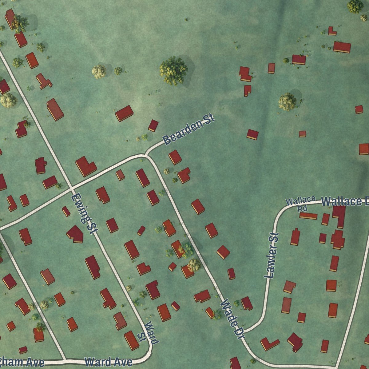 Close-up of the map of Wilton, Alabama print showing street and building detail