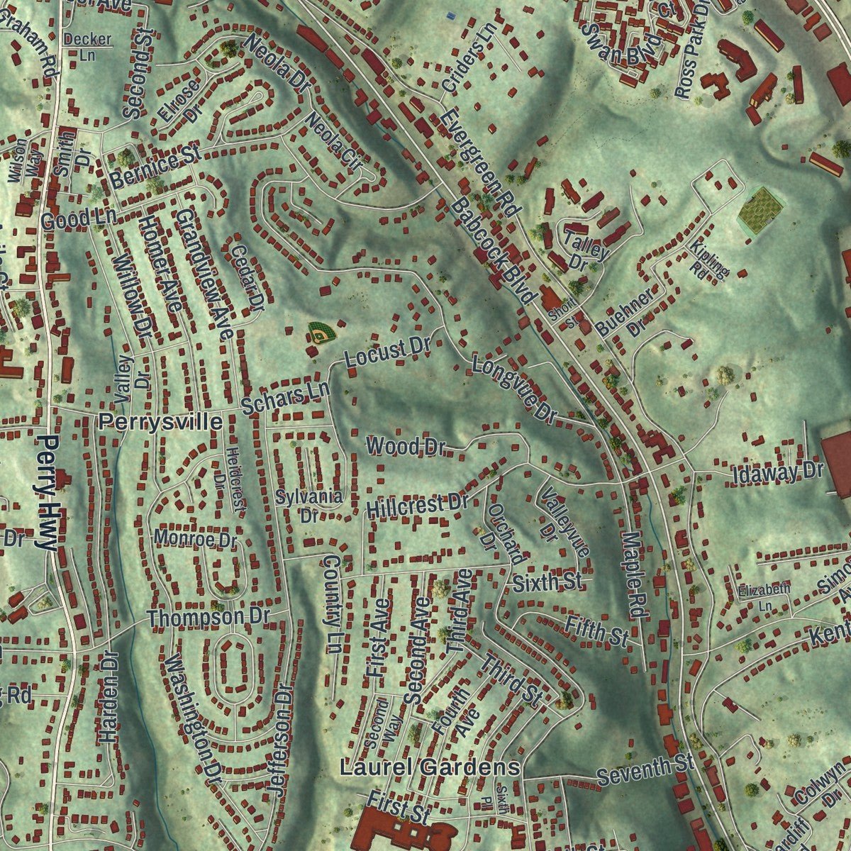 Close-up of the map of Ross, Allegheny County, Pennsylvania print showing street and building detail