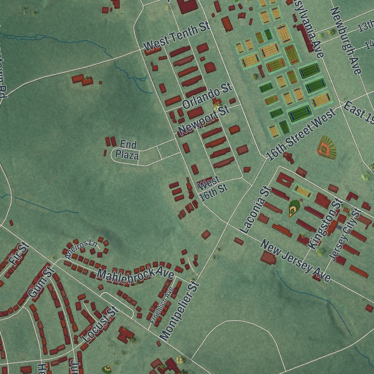 Close-up of the map of Fort Dix, New Jersey print showing street and building detail
