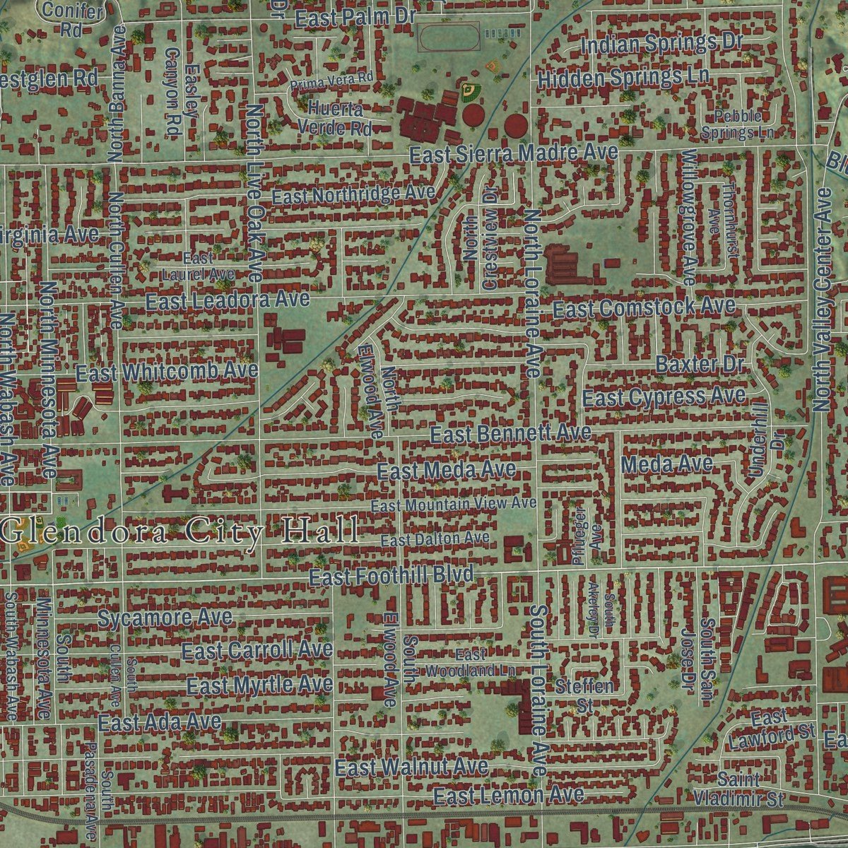 Close-up of the map of Glendora, California print showing street and building detail