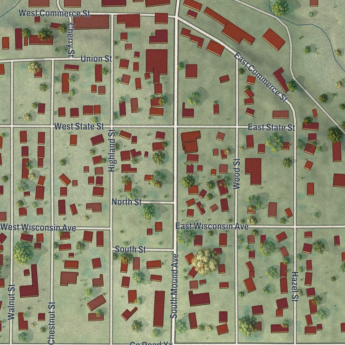Close-up of the map of Belmont, Wisconsin print showing street and building detail