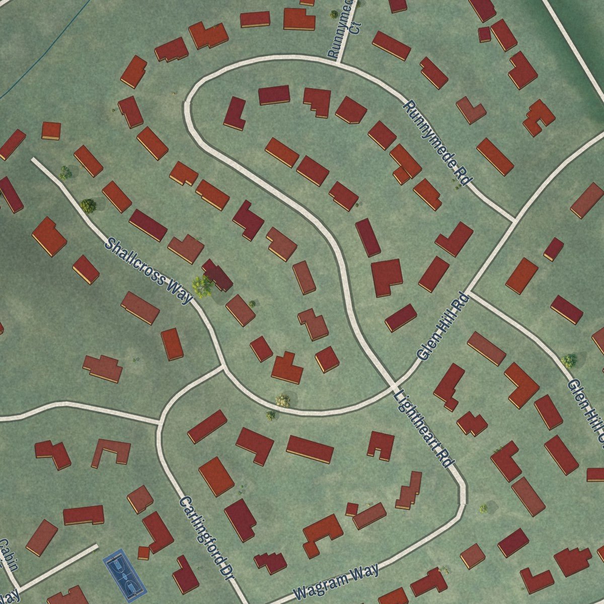 Close-up of the map of Glenview Hills, Kentucky print showing street and building detail