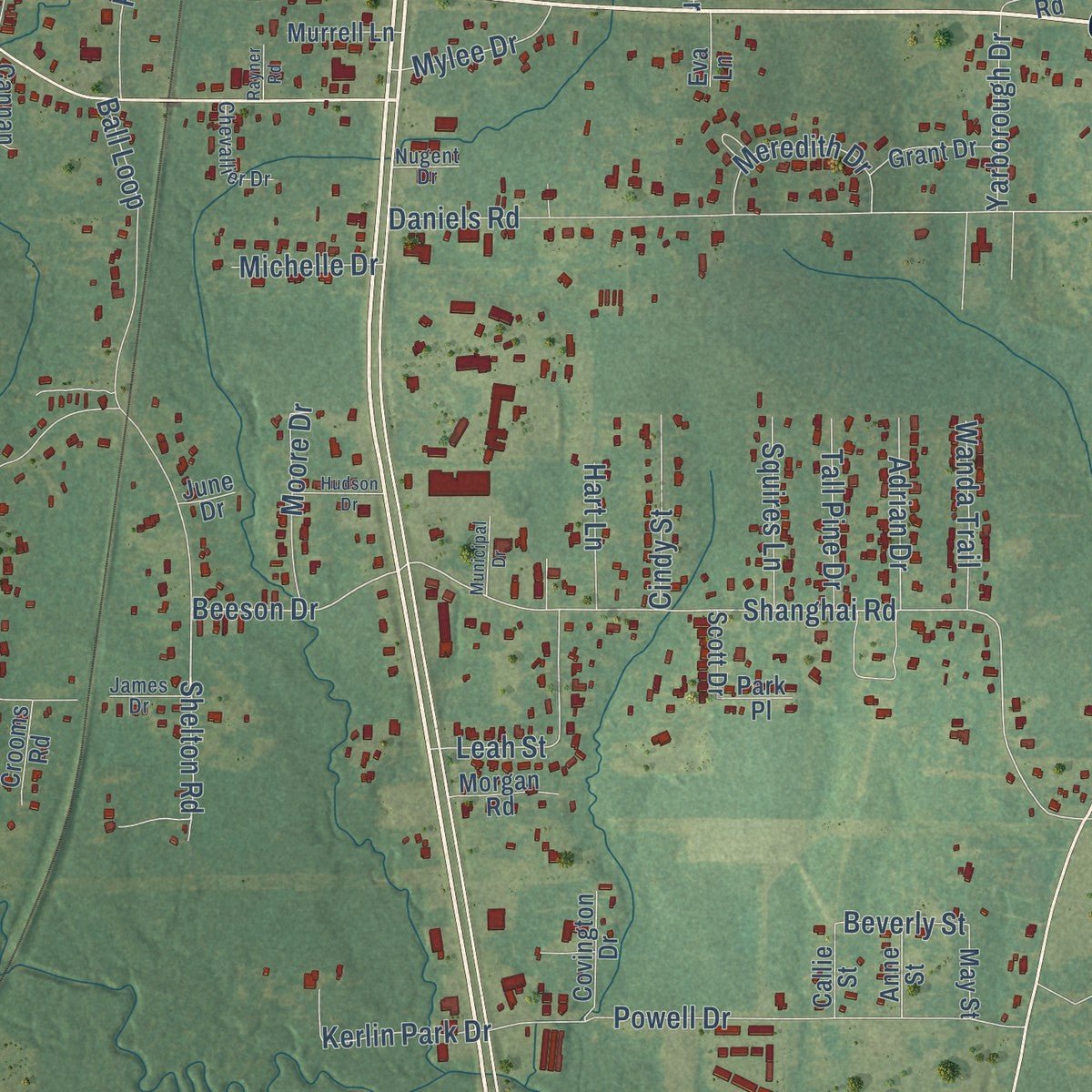 Close-up of the map of Ball, Louisiana print showing street and building detail
