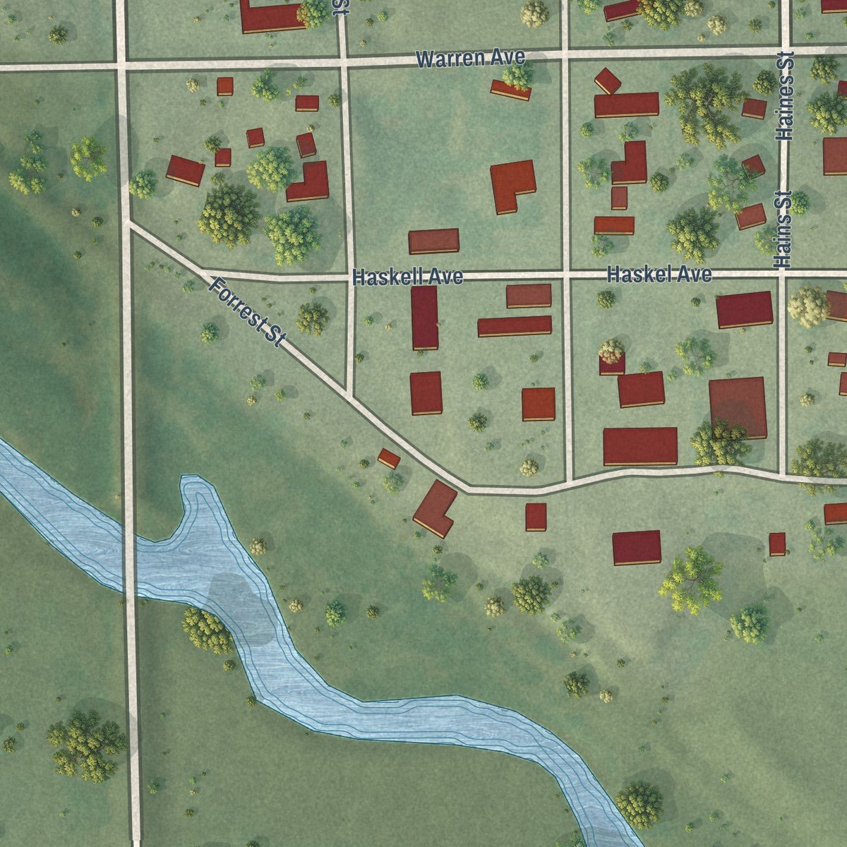 Close-up of the map of Dante, South Dakota print showing street and building detail