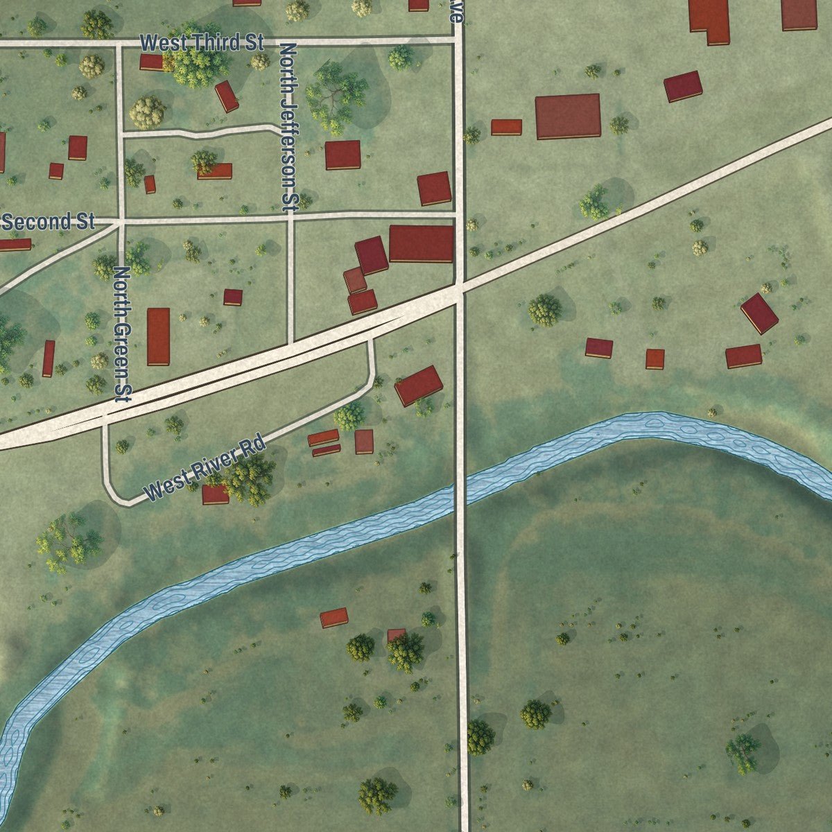 Close-up of the map of Bevington, Iowa print showing street and building detail