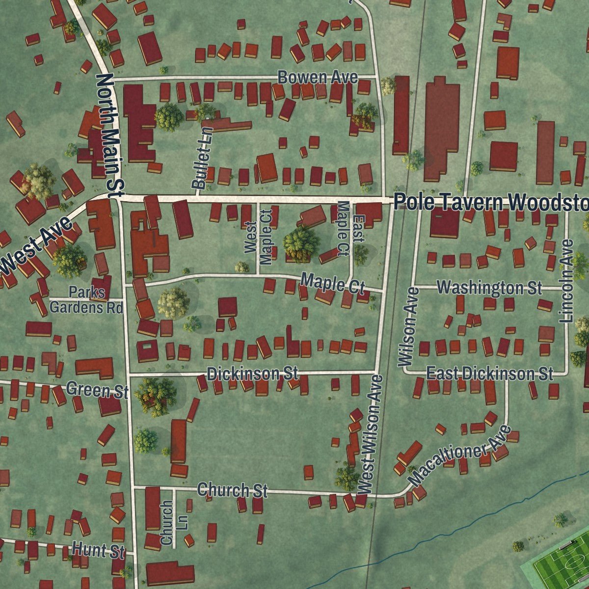 Close-up of the map of Woodstown, New Jersey print showing street and building detail