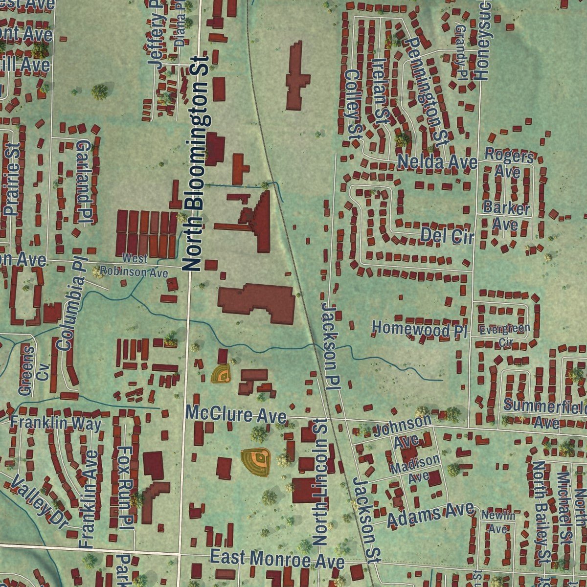 Close-up of the map of Lowell, Arkansas print showing street and building detail