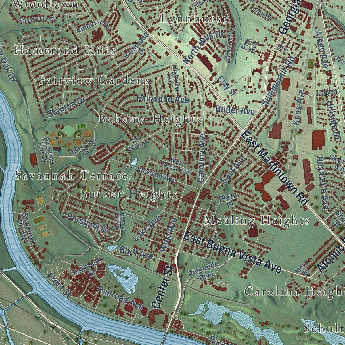 Close-up of the map of North Augusta, South Carolina print showing street and building detail