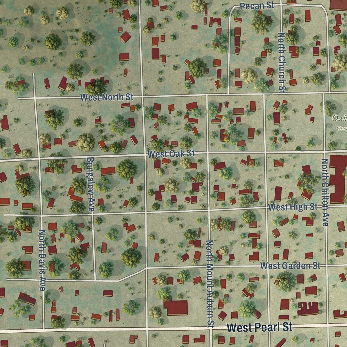 Close-up of the map of Goliad, Texas print showing street and building detail