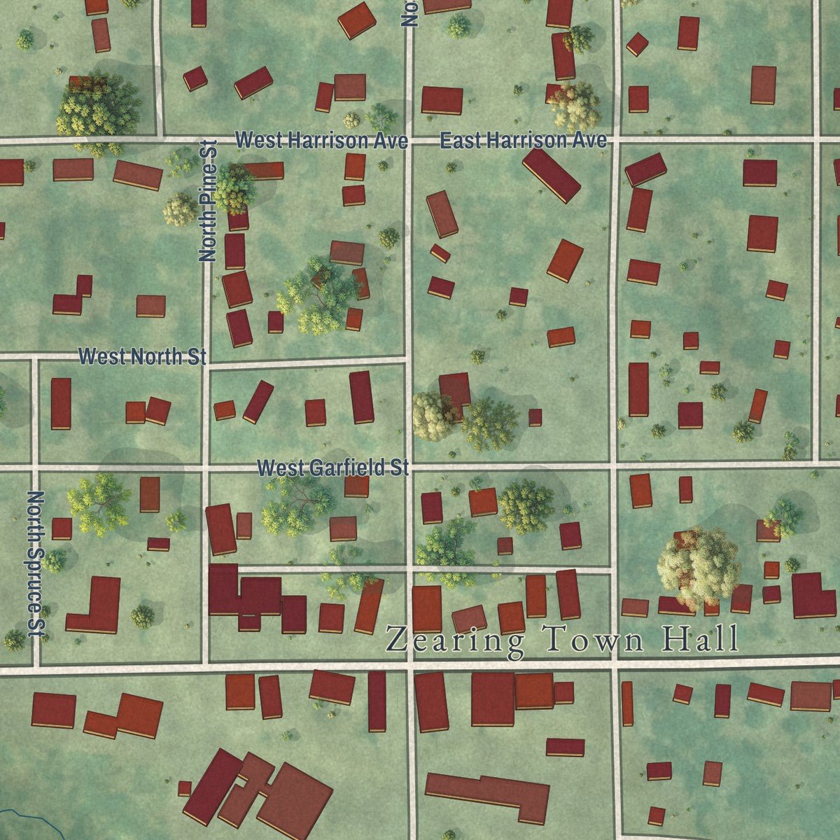 Close-up of the map of Zearing, Iowa print showing street and building detail