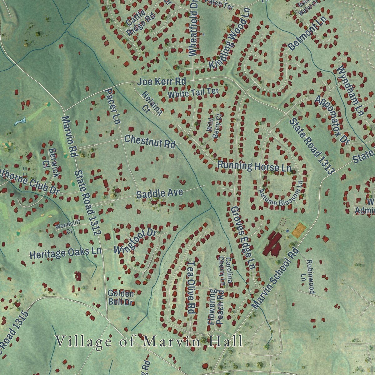 Close-up of the map of Marvin, North Carolina print showing street and building detail