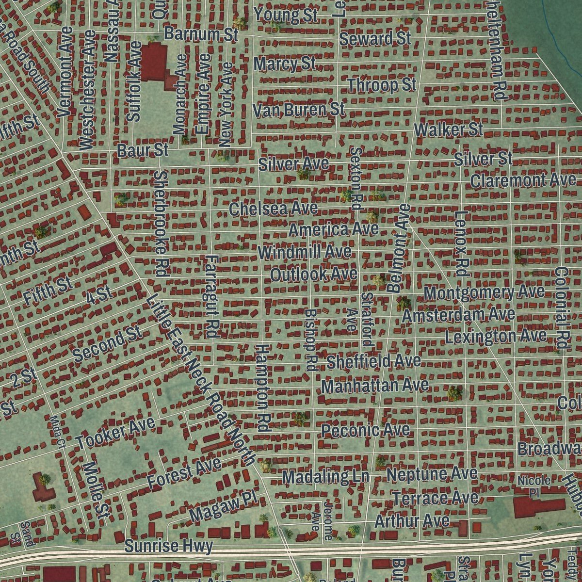 Close-up of the map of West Babylon, New York print showing street and building detail