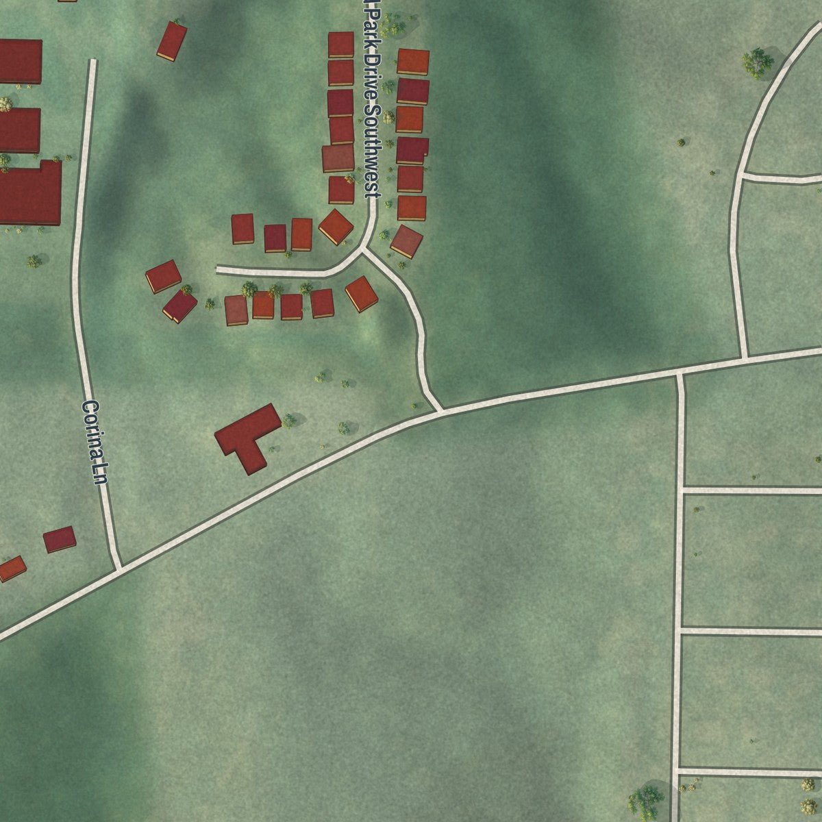 Close-up of the map of Bakers Ferry, Georgia print showing street and building detail