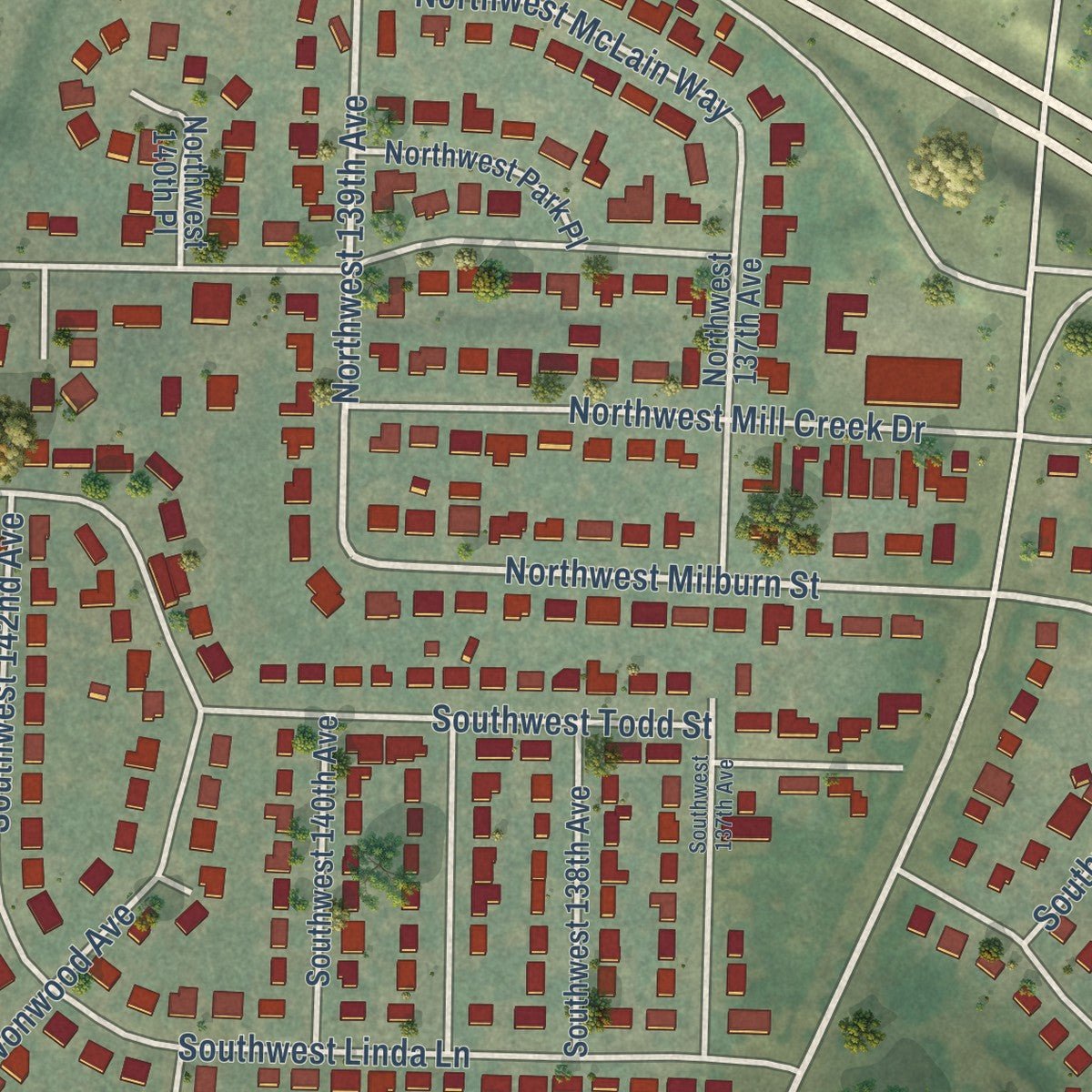 Close-up of the map of Marlene Village, Oregon print showing street and building detail