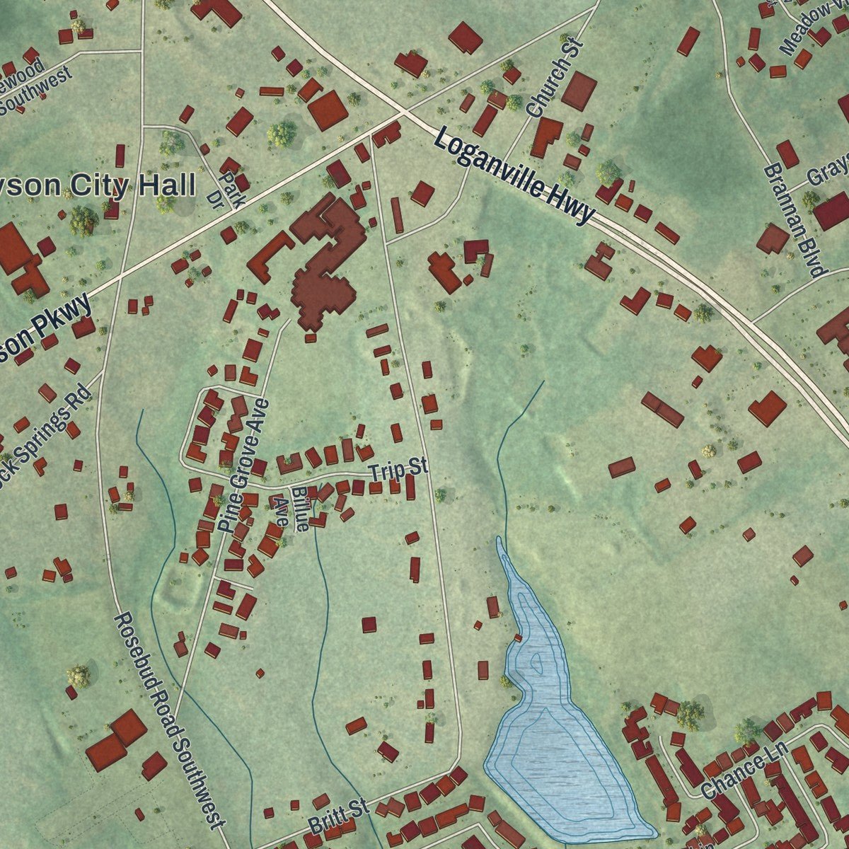 Close-up of the map of Grayson, Georgia print showing street and building detail