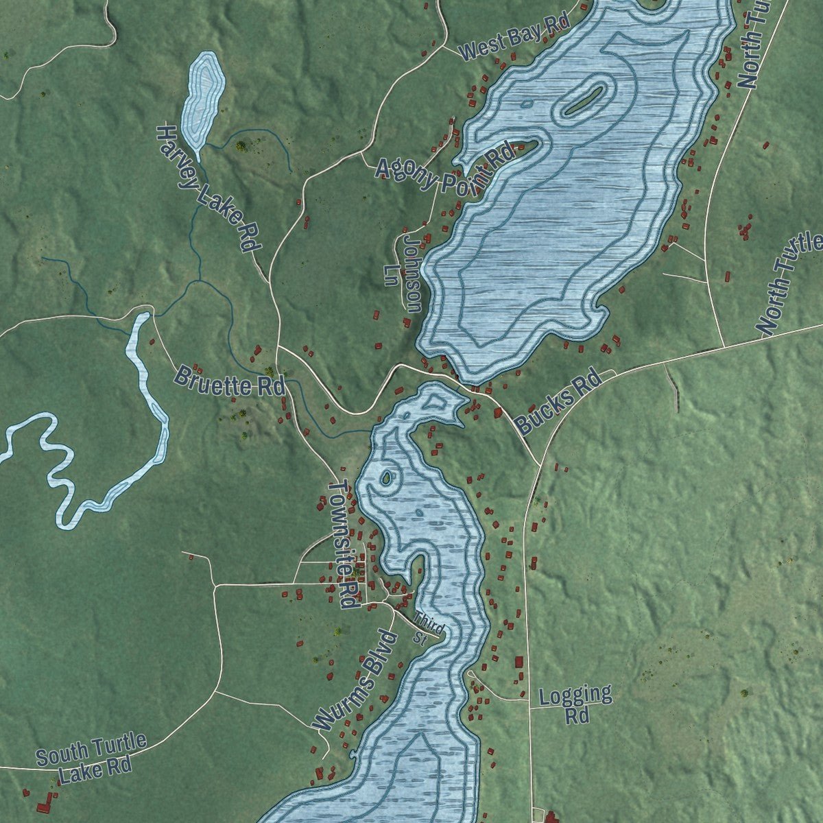 Close-up of the map of Winchester, Vilas County, Wisconsin print showing street and building detail