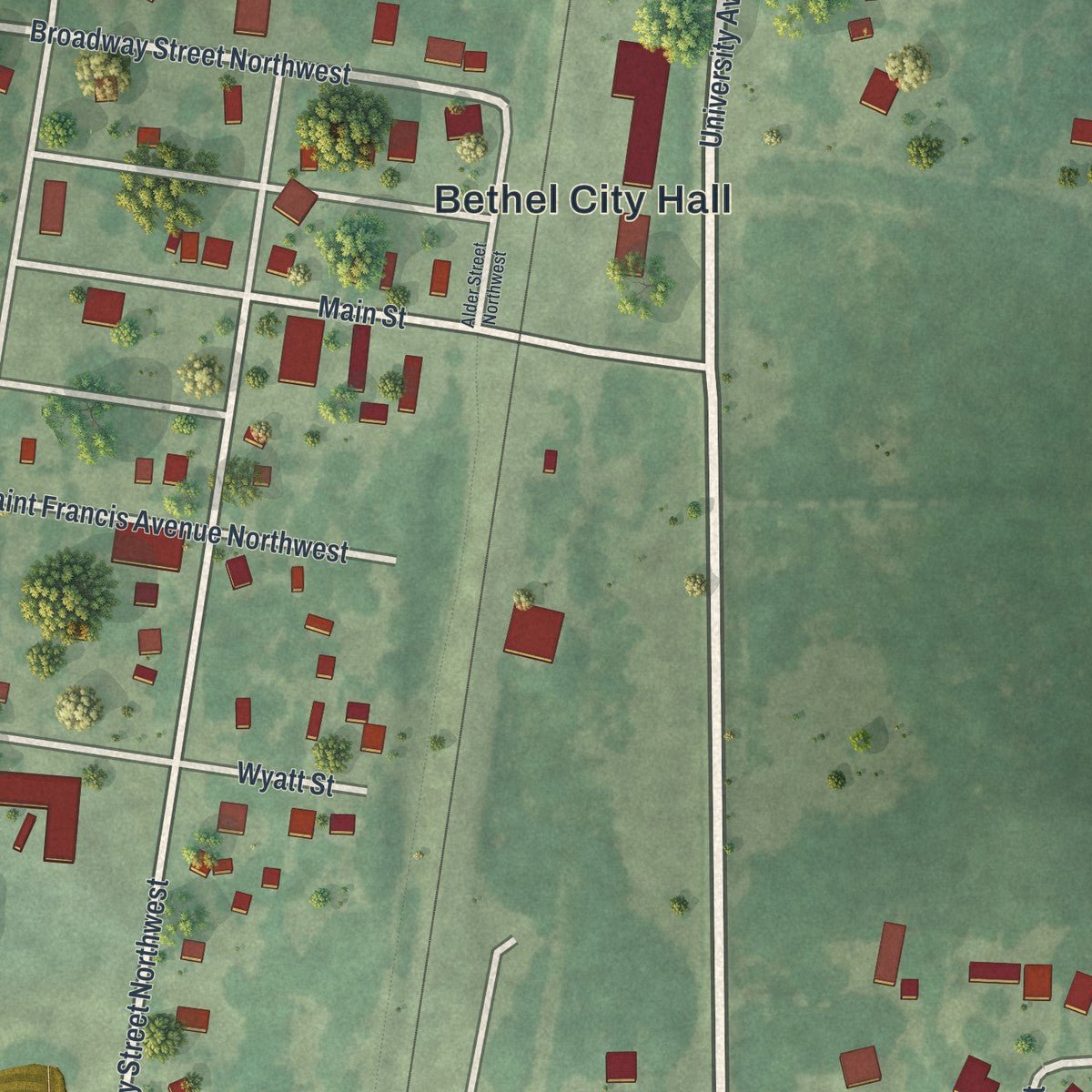 Close-up of the map of Bethel, Minnesota print showing street and building detail