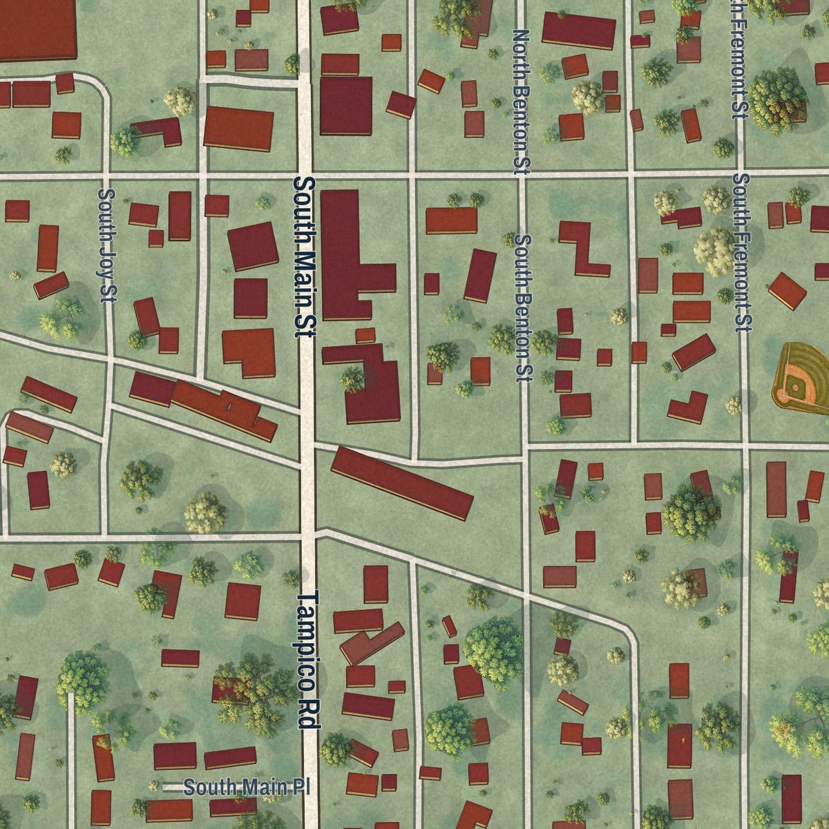 Close-up of the map of Tampico, Illinois print showing street and building detail