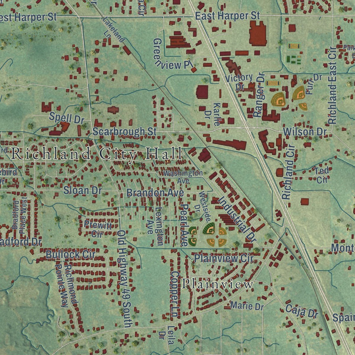 Close-up of the map of Richland, Mississippi print showing street and building detail