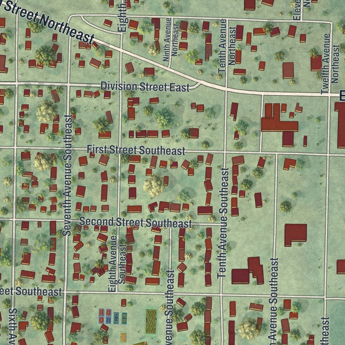 Close-up of the map of Elbow Lake, Minnesota print showing street and building detail