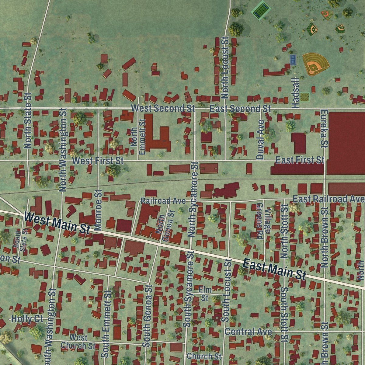 Close-up of the map of Genoa, Illinois print showing street and building detail