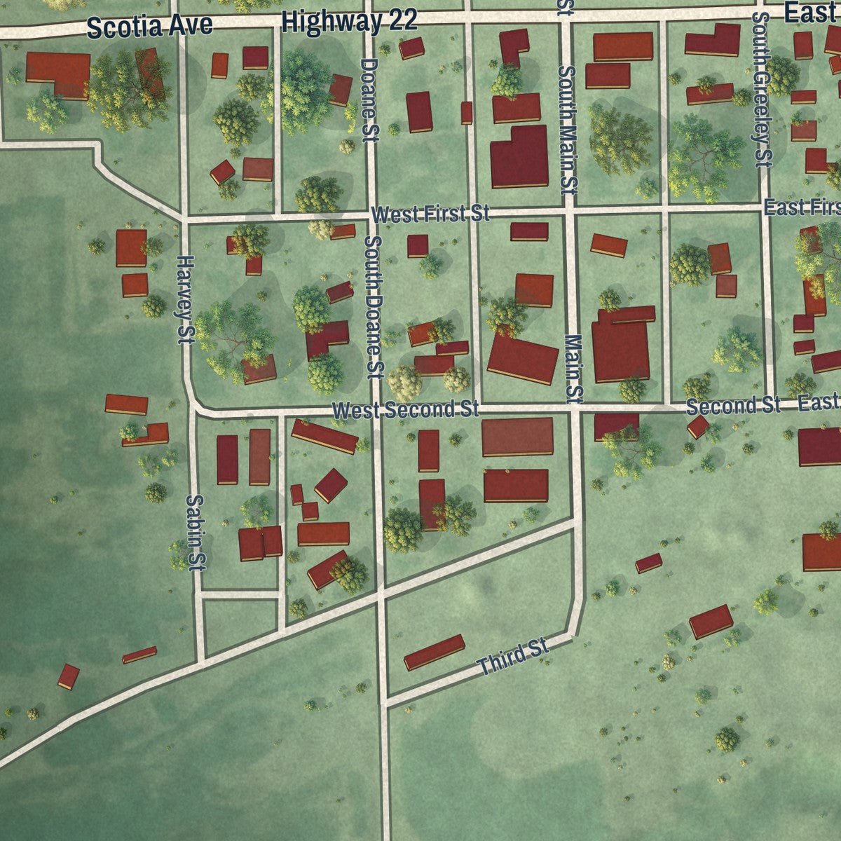 Close-up of the map of Scotia, Nebraska print showing street and building detail