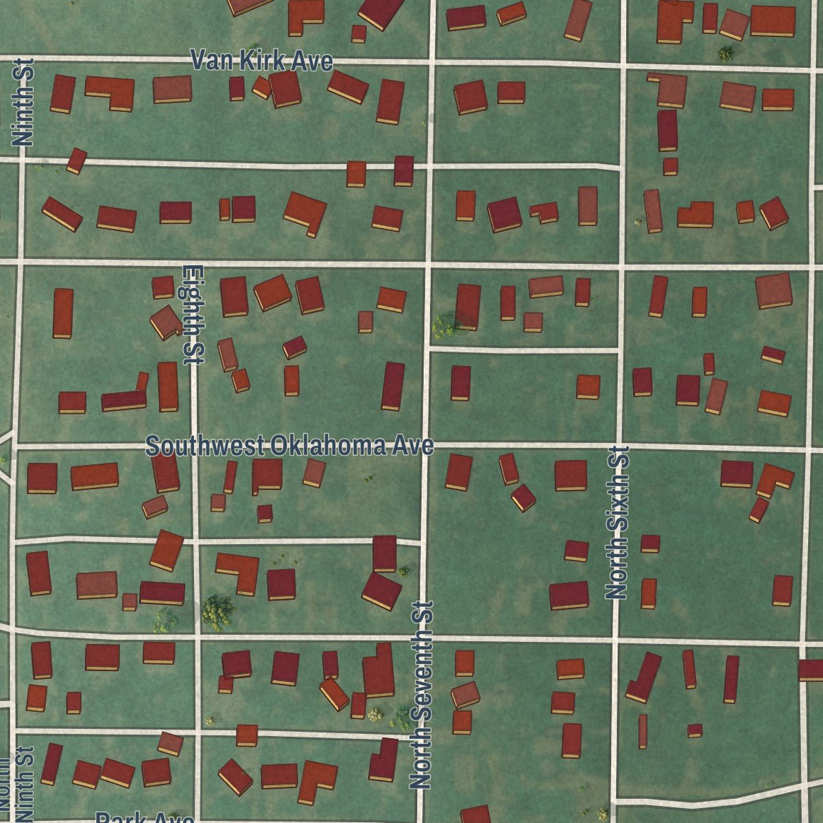 Close-up of the map of Mountain View, Oklahoma print showing street and building detail