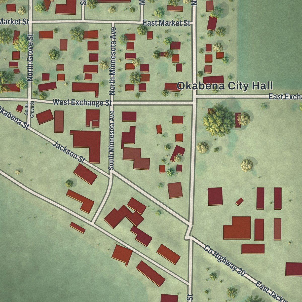 Close-up of the map of Okabena, Minnesota print showing street and building detail