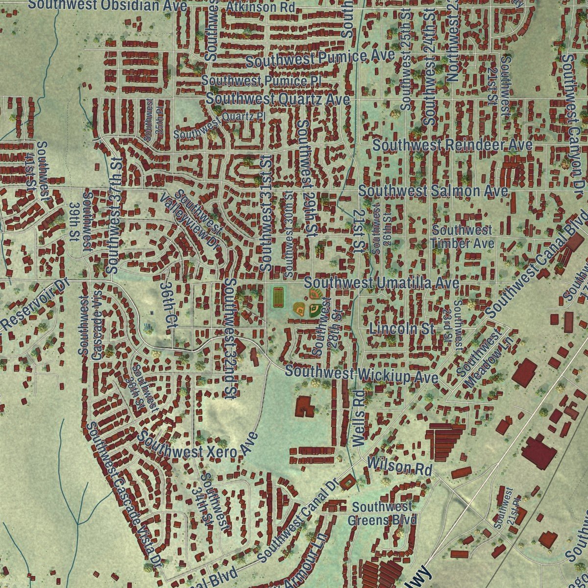 Close-up of the map of Redmond, Oregon print showing street and building detail