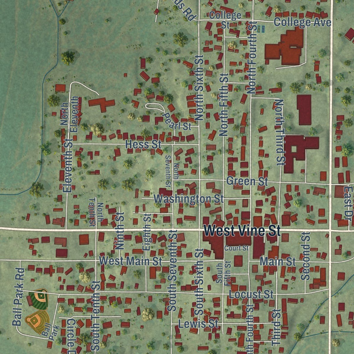 Close-up of the map of Vienna, Illinois print showing street and building detail