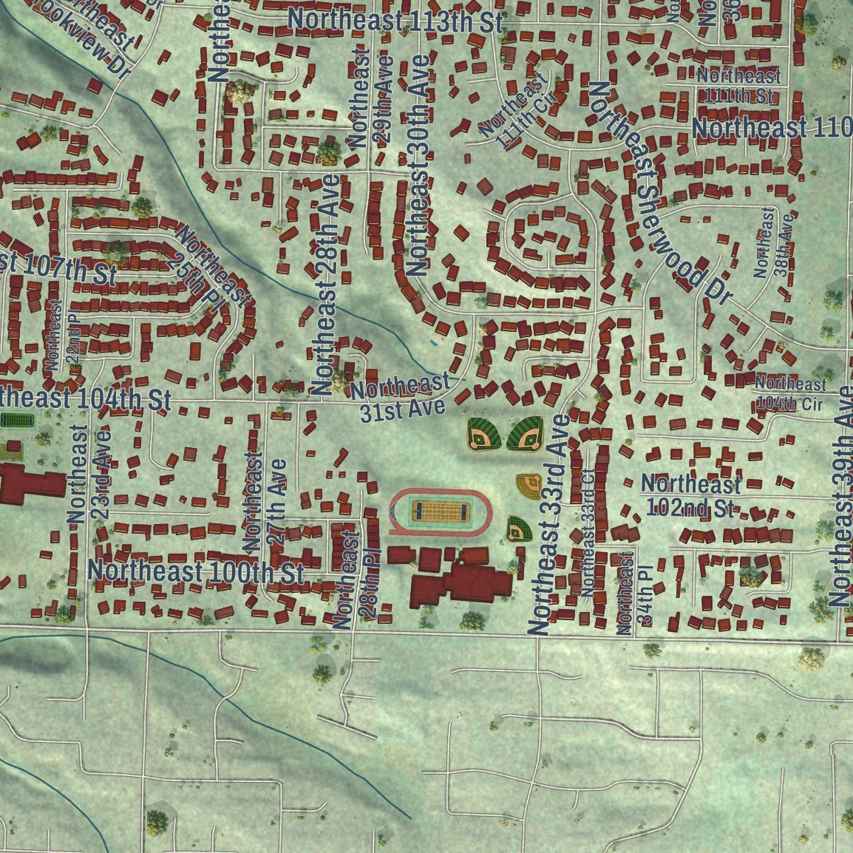 Close-up of the map of Salmon Creek, Washington print showing street and building detail