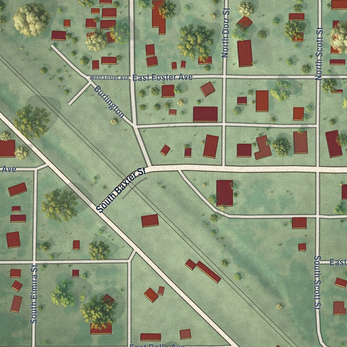 Close-up of the map of Anselmo, Nebraska print showing street and building detail