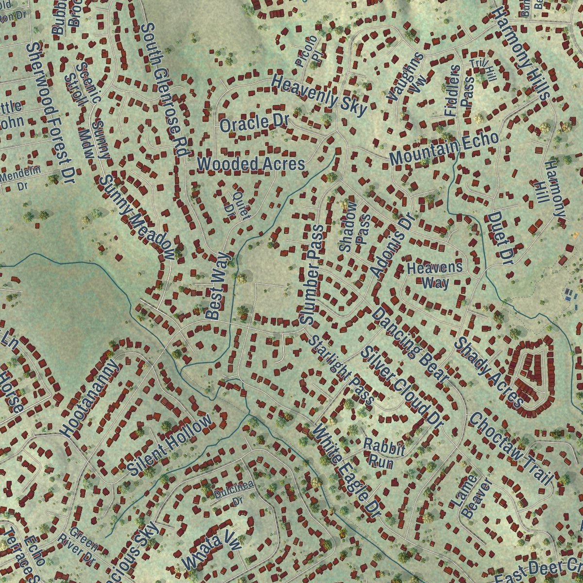 Close-up of the map of Timberwood Park, Texas print showing street and building detail