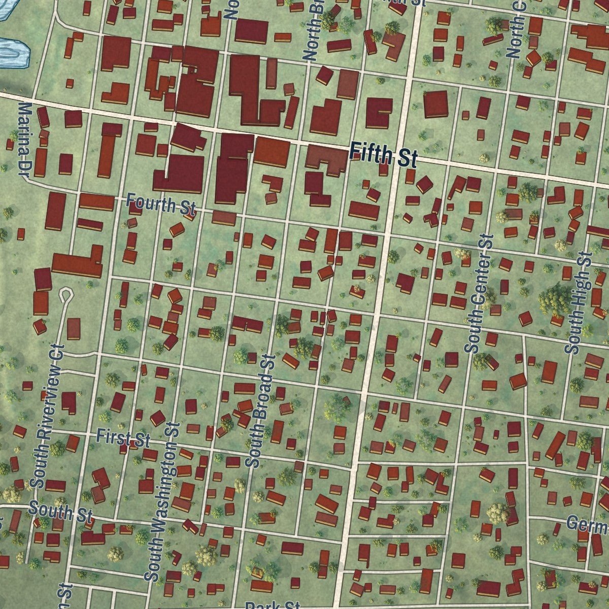 Close-up of the map of Lacon, Illinois print showing street and building detail