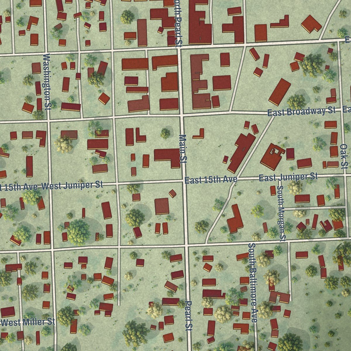 Close-up of the map of Tyndall, South Dakota print showing street and building detail