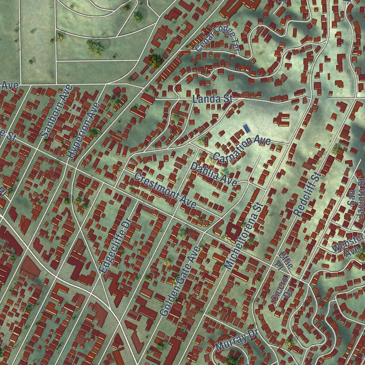 Close-up of the map of Silver Lake, California print showing street and building detail